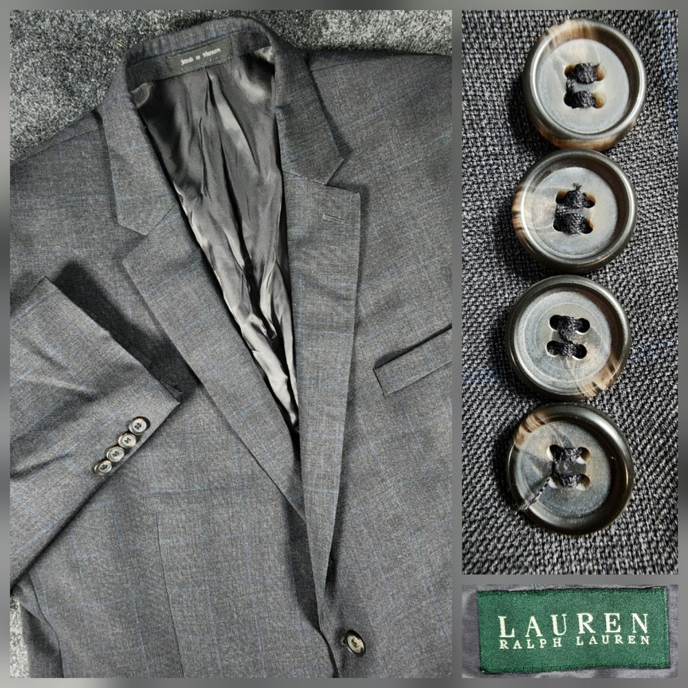 Lauren Ralph Lauren Blazer Mens 52L Grey Blue Windowpane Plaid 100% Wool Jacket